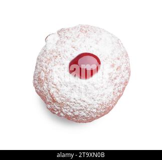 Hanukkah donut with jelly and powdered sugar isolated on white, top view Stock Photo