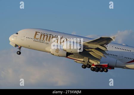 Emirates Airbus A380 with registration A6-EVF shown airborne, leaving LAX, Los Angeles International Airport. Stock Photo