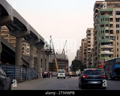 Cairo, Egypt, September 30 2023: Cairo monorail site that is under construction by Orascom CO with the columns and the tracks in Nasr city district, r Stock Photo