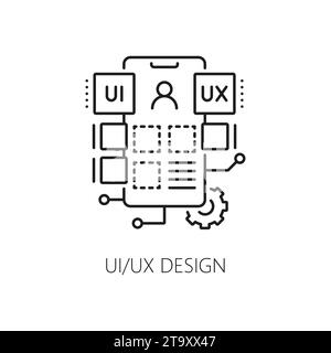 UI and UX design, web app develop and optimization icon for software programming, line vector. Mobile application user interface development and web app creation tools for digital engineering icon Stock Vector