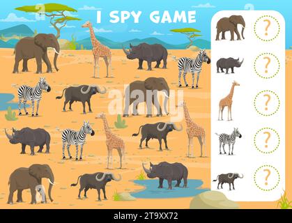 I spy game cartoon african savannah animals. Vector worksheet for ...