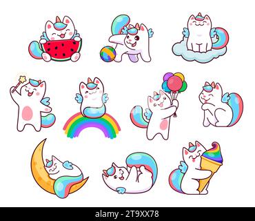 Cartoon funny cute caticorn characters. Happy unicorn cat, kitty or kitten animal personages set. Fairytale caticorns playing with rainbow, air balloons and clew, sleeping on cloud, eating ice cream Stock Vector