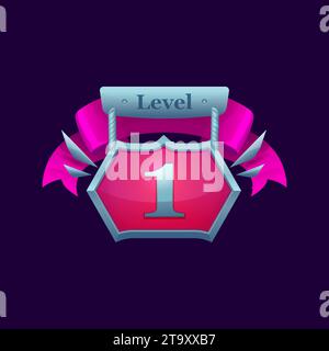 Game level 1 badge for GUI interface popup banner with pink red ribbon, vector icon. 1 level up badge with for video game arcade, first level achievement or gamer popup congrats on metal shield wings Stock Vector