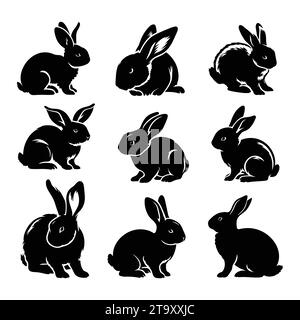 Set of bunny silhouettes isolated on a white background, Vector illustration. Stock Vector