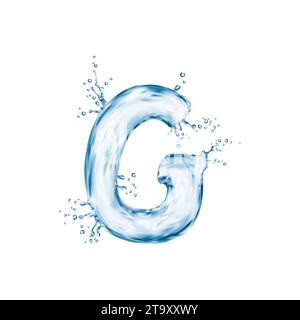 Realistic water font letter G, flow splash type, liquid aqua typeface, transparent wet english alphabet. Isolated 3d vector fluid and wavy character made of rippling water, in liquid typographic form Stock Vector