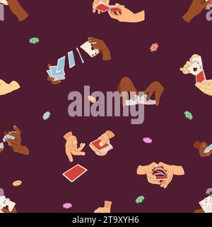 Player hands seamless pattern. Vector illustration of playing chips and cards. Magician. Illustrations for gambling industry Stock Vector