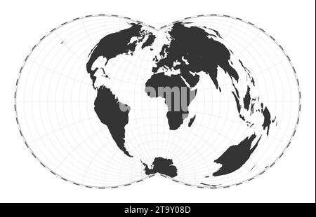 Vector world map. Rectangular (War Office) polyconic projection. Plain world geographical map with latitude and longitude lines. Centered to 0deg long Stock Vector