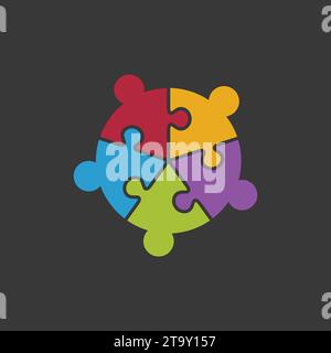 Unity in Diversity: Five Abstract People Forming a Harmonious Jigsaw Circle team Stock Vector