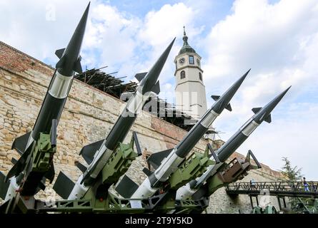 Belgrade Fortress Military Museum: Serbian Army S-125 Neva/Pechora surface to air missile launcher defense system & clocktower, Kalemegdan Park,Serbia Stock Photo