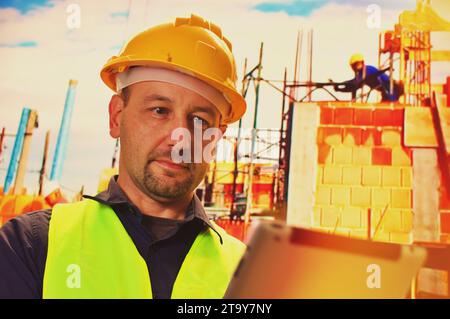 Construction worker with his uniform and hard hat is standing and using tablet Stock Photo