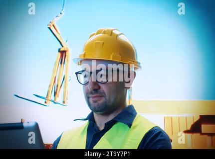 Engineer working with the tablet on a construction site . Stock Photo
