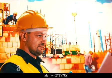 Construction architect smiling, wearing uniform and hard hat is standing and using tablet while checking work done . Stock Photo