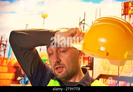 Tired engineer worker hard work fatigue male staff at work hot weather Stock Photo