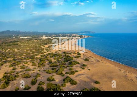 Aerial drone view over sand dunes close to Lake Korission. It is located in the southern part of Greek island of Corfu, Greece. Stock Photo