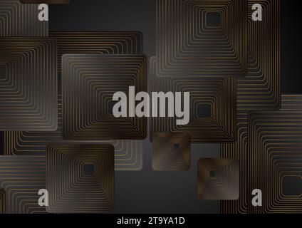 Black abstract background with squares and golden linear pattern. Art deco ornament vector design Stock Vector