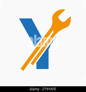 Wrench Logo On Letter Y With Engineering Symbol. Technician Logotype Stock Vector