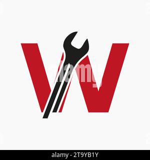 Wrench Logo On Letter W With Engineering Symbol. Technician Logotype Stock Vector