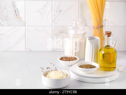 Ingredients for making spaghetti pasta. High quality photo Stock Photo