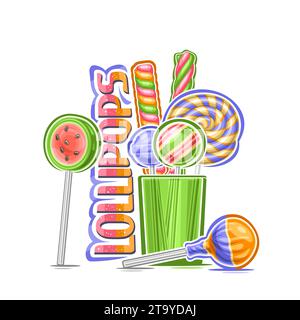 Vector illustration of Lollipops, decorative poster with cartoon design of multi colored lollipop still life, sweet print with candies in green transp Stock Vector