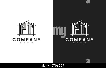 Initial PT home logo with creative house element in line art style vector design template. Stock Vector