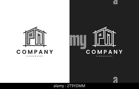 Initial PM home logo with creative house element in line art style vector design template. Stock Vector