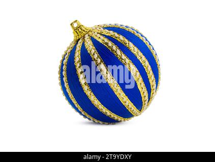 Blue with yellow ribbons striped ball with shadow on white isolated background. Christmas, New Year, design element. Copy space Stock Photo