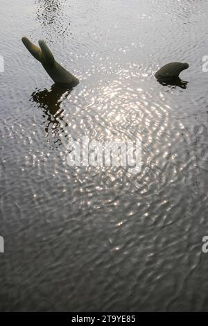 Rippled river water with a bright sun glare and two dark stubs rising from the surface, with reflections below, in Wilmington, North Carolina. Stock Photo