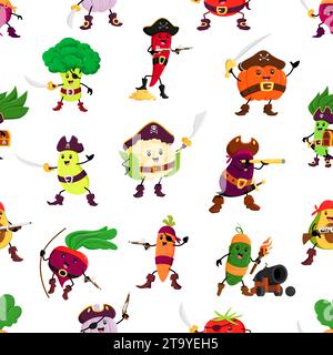 Cartoon vegetable pirates seamless pattern background, vector corsair characters. Funny broccoli captain and pumpkin in tricorne hat with Jolly Roger flag, Caribbean pirate spinach, carrot and avocado Stock Vector