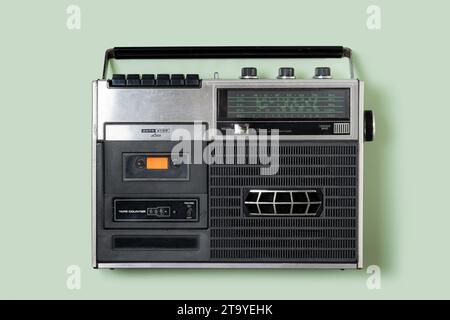 Vintage portable radio with cassette tape player. Isolate vintage object. Stock Photo
