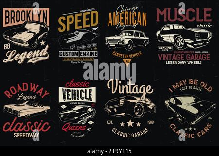 Vintage Car T-shirts Designs bundle. American old classic cars t-shirt. Stock Vector