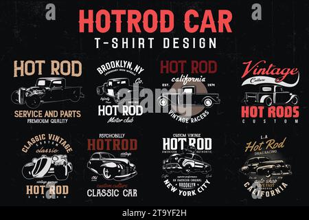 Vintage Hotrod Car T-shirts Designs bundle. American old classic cars t-shirt. Stock Vector