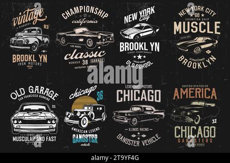 Vintage Classic Car T-shirt Designs bundle. American old cars t-shirt. Stock Vector