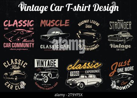 Vintage Classic Car T-shirts Designs Bundle. American old cars vector tee shirt prints. Stock Vector