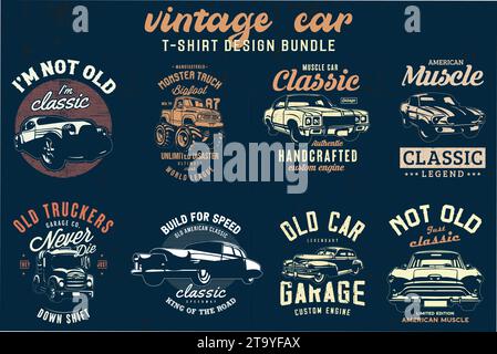 Vintage Car T-shirt Designs Bundle. Classic cars t-shirt vector graphic. Stock Vector