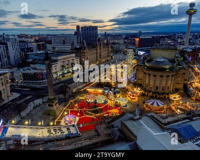 An aerial view of the Christmas market outside St Georges Hall in Liverpool. Picture date: Monday November 27, 2023. Stock Photo