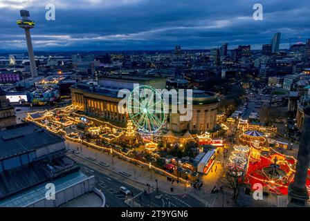 An aerial view of the Christmas market outside St Georges Hall in Liverpool. Picture date: Monday November 27, 2023. Stock Photo