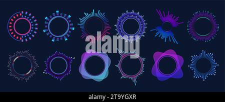 Music equalizers and sound waves. Vector set of radial curves represent variations in air pressure that create audible vibrations in different frequency ranges. Multicolor neon soundwave audio circles Stock Vector