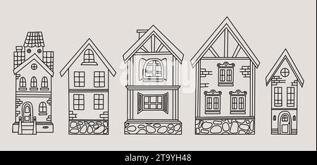 Collection outline houses doodles. Urban and rural architecture. Vector illustration. Isolated hand drawings Stock Vector