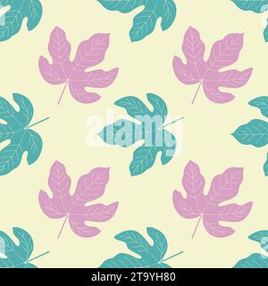 Figs pattern with hand drawn leaves, blue and pink colors. Vector illustration Stock Vector