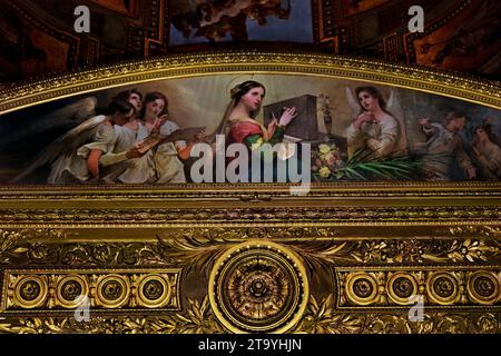 Interior decorated vault in Pontifical Shrine of the Blessed Virgin of the Rosary of Pompei , Cathedral of Pompeii - Sanctuary of Our Lady of the Rosary of Pompeii,   founded, 1876 - 1891, Italy, Italian, Stock Photo