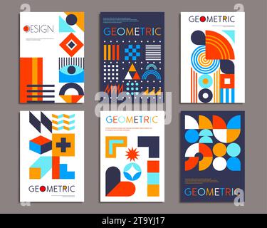 Modern abstract geometric pattern posters. Vector backgrounds, cover templates with retro minimal geometry shapes, forms, lines in vibrant color for exhibit art, magazine, journal, album designs Stock Vector