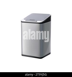 Realistic bucket, metal container and bin. Isolated 3d vector practical trash can with secure plastic lid, for odor control and cleanliness. Sleek design, durable, and essential for home or office Stock Vector