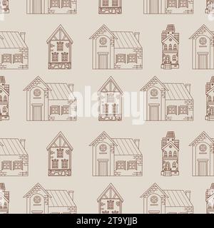Seamless pattern with doodle town houses on light background. Vector illustration. Hand outline drawing Stock Vector
