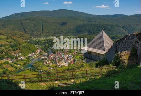 Kulen Vakuf Village and the River Una in the Una National Park. Una-Sana Canton, Federation of Bosnia and Herzegovina. Viewed from Ostrovica Castle Stock Photo