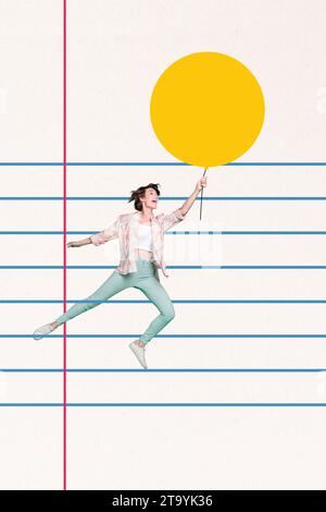 Magazine surreal collage of funny funky girl flying on ai balloon over copybook background promoting school sales Stock Photo