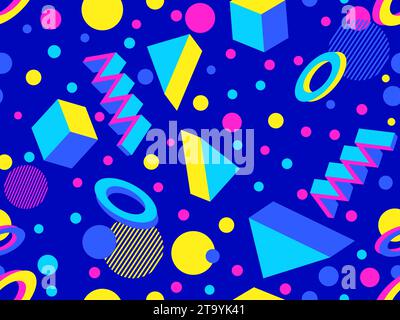 Memphis seamless pattern with 3d geometric shapes in 80s style. Colorful geometric pattern. Design of promotional products, wrapping paper and printin Stock Vector
