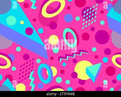 3D geometric seamless pattern in 80s style. 3d isometric triangles, zigzags and circles. Geometric memphis style. Design for promotional products, wra Stock Vector
