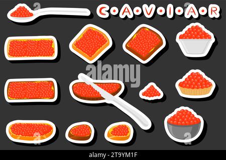 Illustration on theme big set various types fish caviar, bread different size Stock Vector