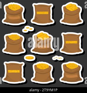 Illustration on theme big colored set different types bags, full sack of coins, sack pattern consisting of collection heap golden coins on open bags, Stock Vector