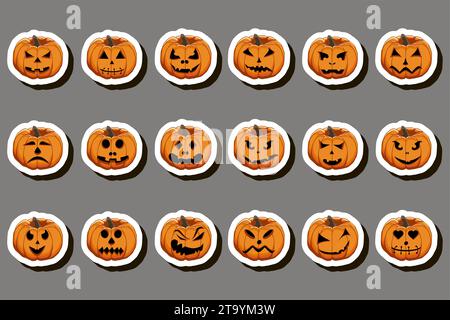 Illustration on theme sticker for celebration fun holiday Halloween with orange pumpkins Stock Vector